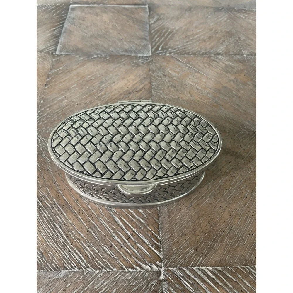 Vtg Godinger Silver Metal Basket Weave Hinge Lidded Trinket‎ Box Velvet Lining